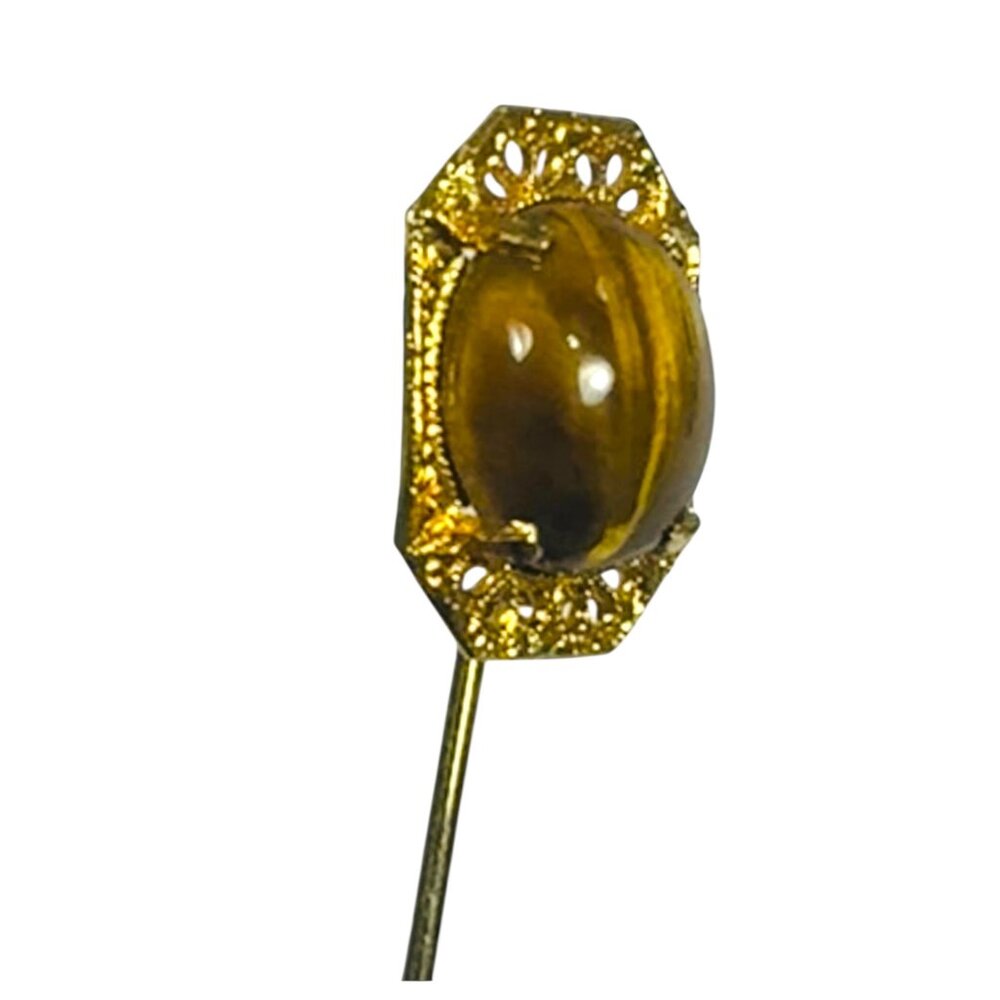 Vintage Gold Stick Pin With Tigers Eye Stone Gemstone Accent - Picture 3 of 8